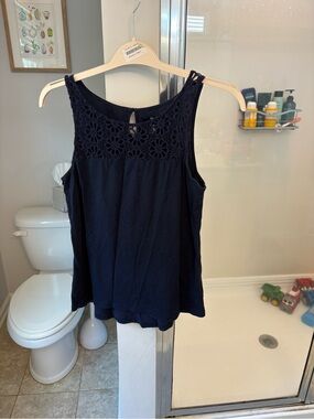 Gap Women's Medium Navy Blue Crochet Floral Yoke Tank Top Cotton Modal